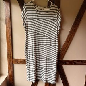 Chico's Olive Green and Off-White Sheath Dress Short Sleeve Crew Neck Casual